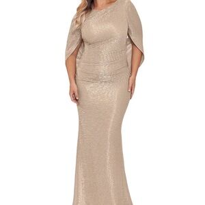 Draped Back 3/4 Cape Sleeve Round Neck Metallic Crinkled Ruched Sheath Gown
